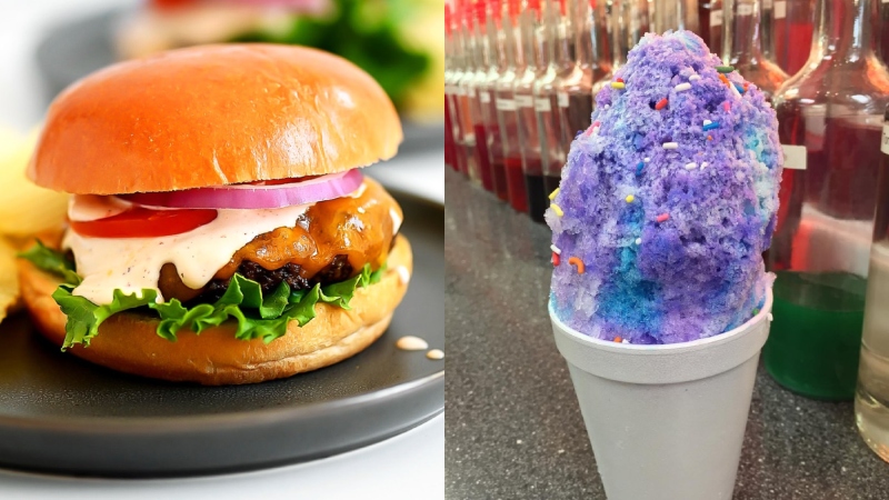 what is a burger and a grape snow cone